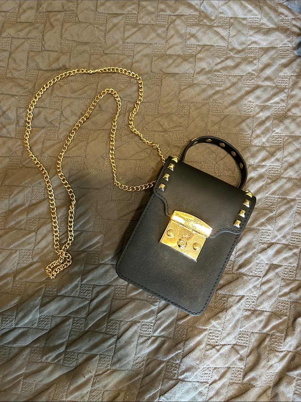 Black Leather Crossbody Bag with Gold Chain